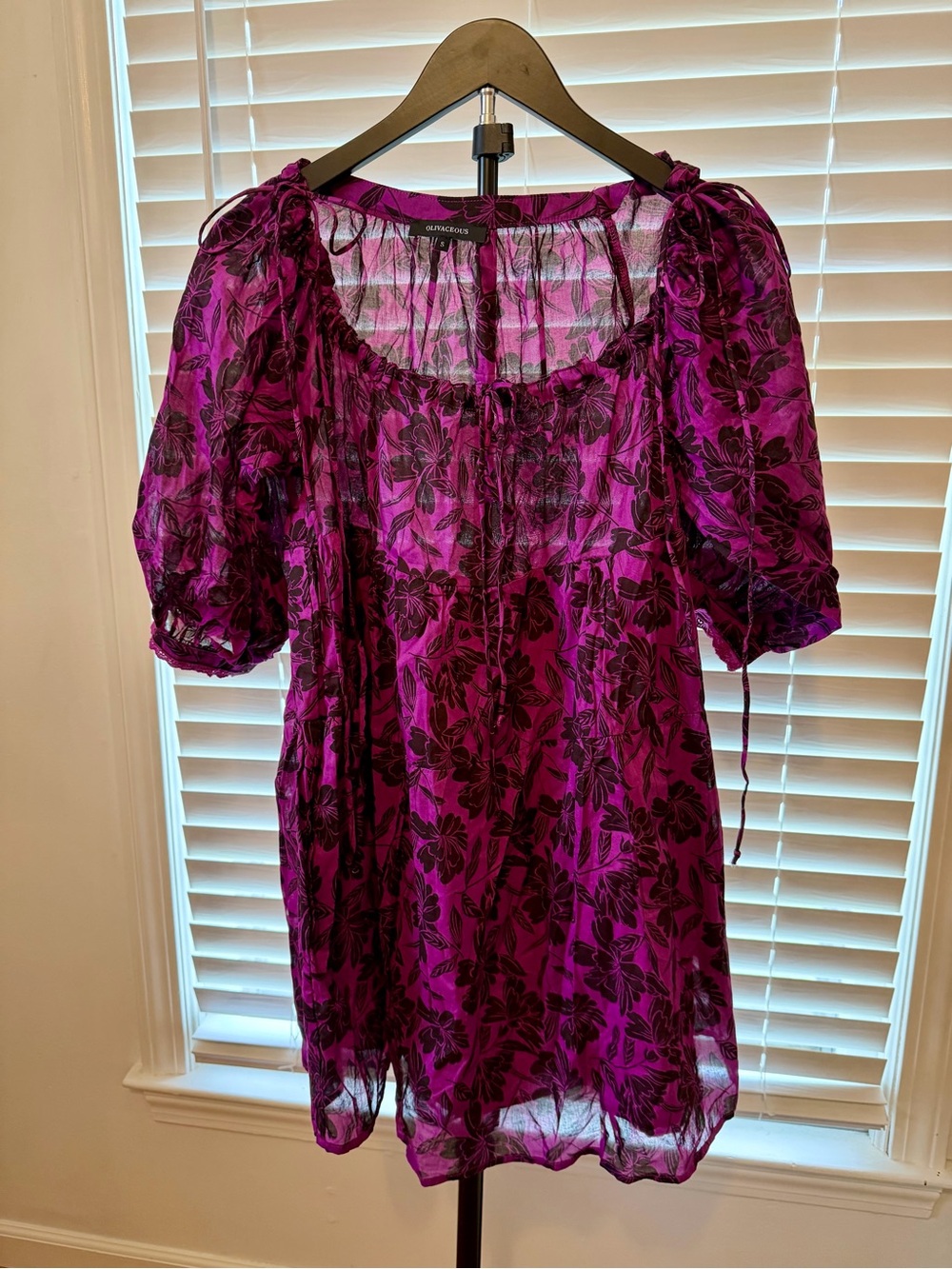 Olivia & Coous Sheer Floral Mini Dress Small Magenta Puff Sleeve Cottagecore